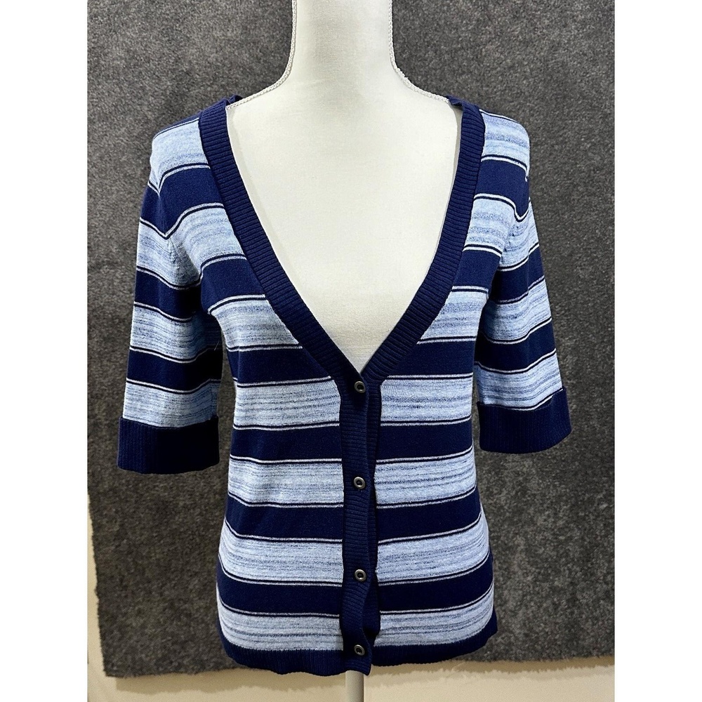 Eddie Bauer Womens Cardigan Vneck M Blue Striped Button Sweater 100% Cotton